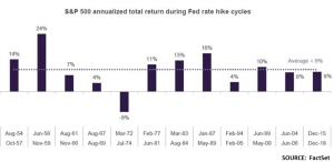 S&P 500 annualized total return during Fed rate hike cycles