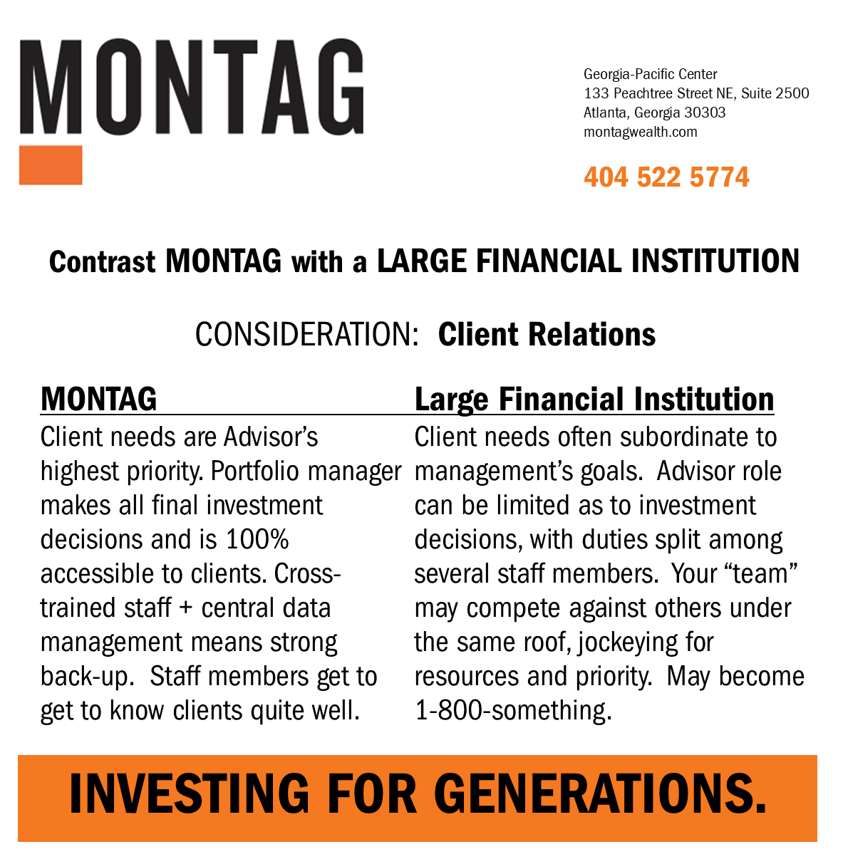 Contrast MONTAG with a LARGE FINANCIAL INSTITUTION - Client Relations