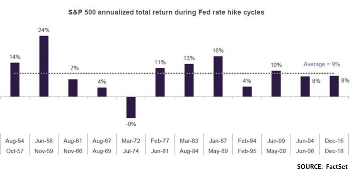S&P 500 annualized total return during Fed rate hike cycles